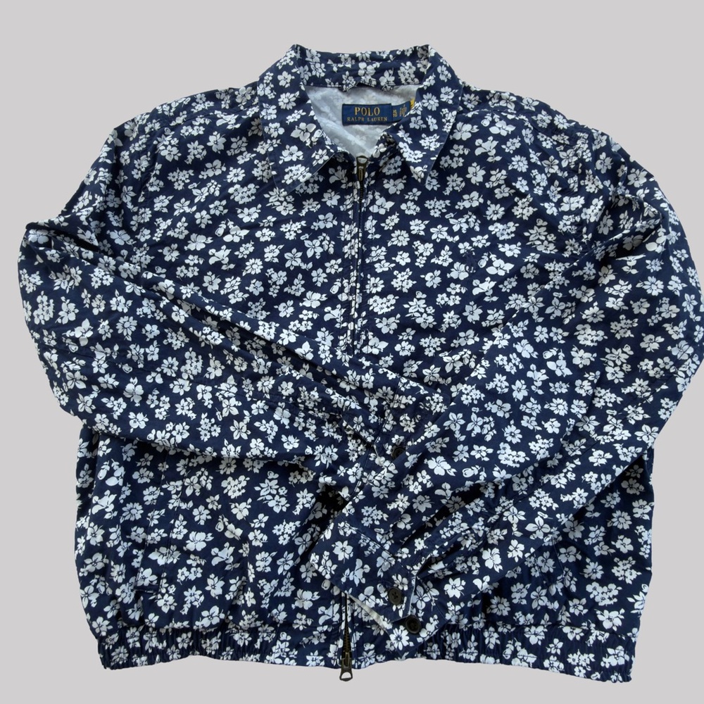 POLO RALPH LAUREN Womens Floral Zip Jacket XL Blue White 100% Cotton